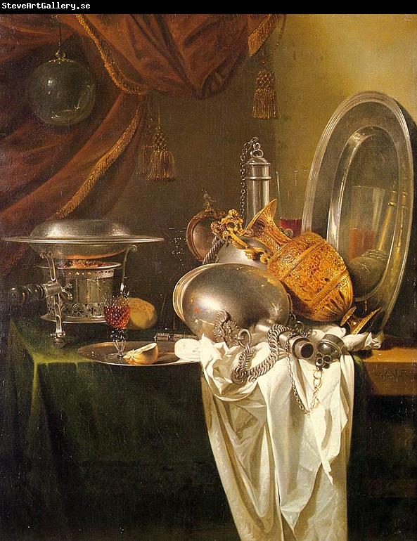 Willem Kalf Still Life with Chafing Dish, Pewter, Gold, Silver and Glassware